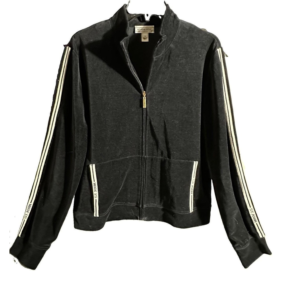St. John Sport Velvet Track‎ Jacket Logo Stripes Velour VTG Women's Medium Black